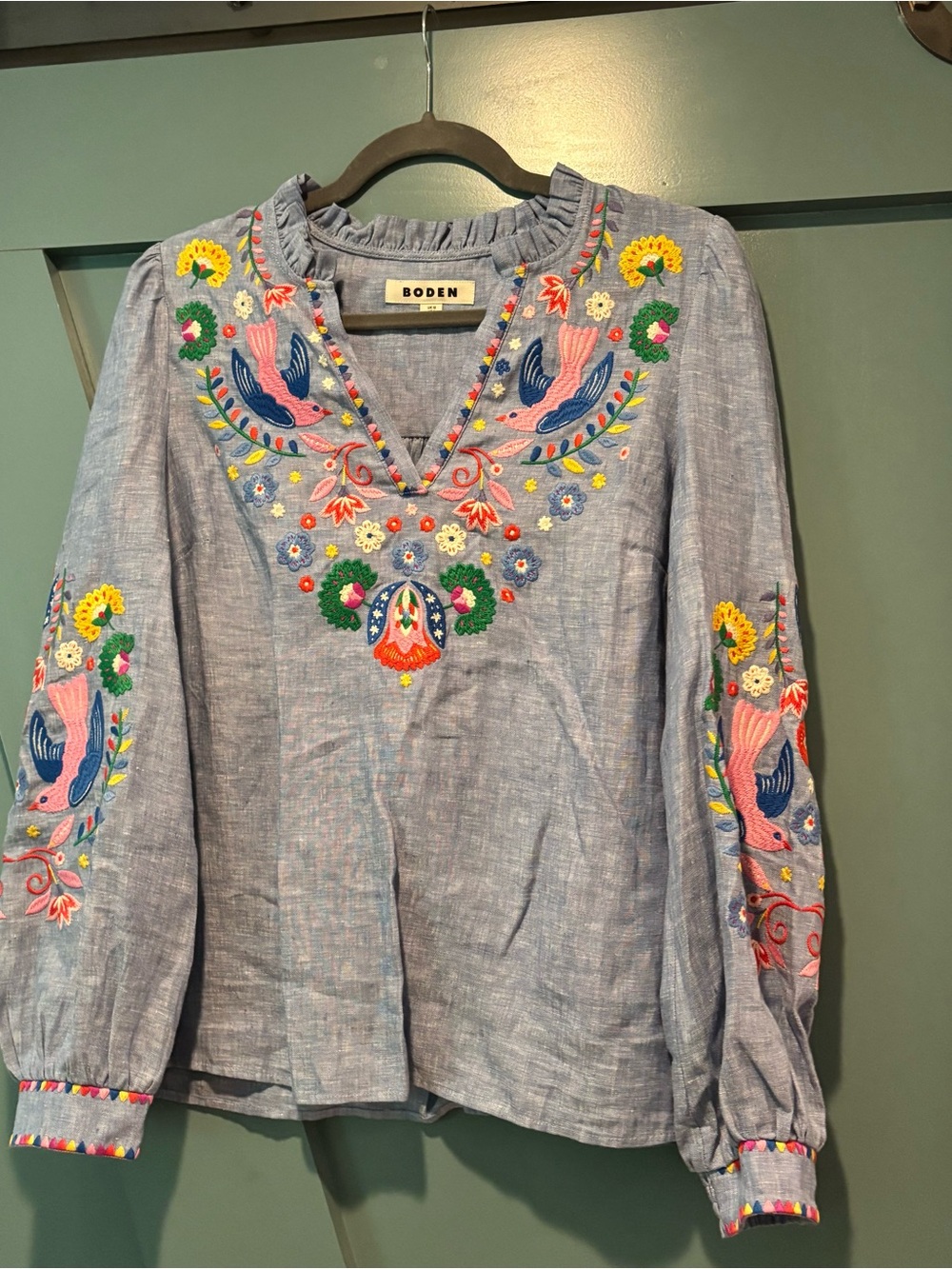 Boden Embroidered Linen Top with Multicolor Floral Detail - NWOT